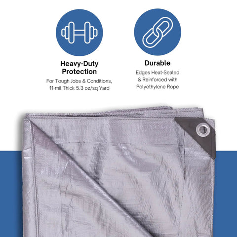 Heavy Duty 24x24 Foot Waterproof Tarp With 10 Mil Thickness And Superior Weave For Long Lasting Outdoor Coverage Multi Use Shelter Tough As Nails DIY Durable Silver TRS2424 shown rolled with reinforced corners