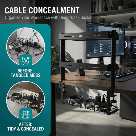 No-Drill Clamp-On 17-Inch 2-Tier Desk Shelf With Hidden Under-Desk Storage Basket For Cables And Gaming Gear setup