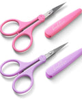 Two Piece High Precision Detail Scissors Set With Sharp Fine Tips For Paper Cutting, Scrapbooking, Sewing And Crafting 4 Inch Stainless Steel Tiny Scissors In Pastel Purple And Pink With Protective Cover For On The Go Projects.