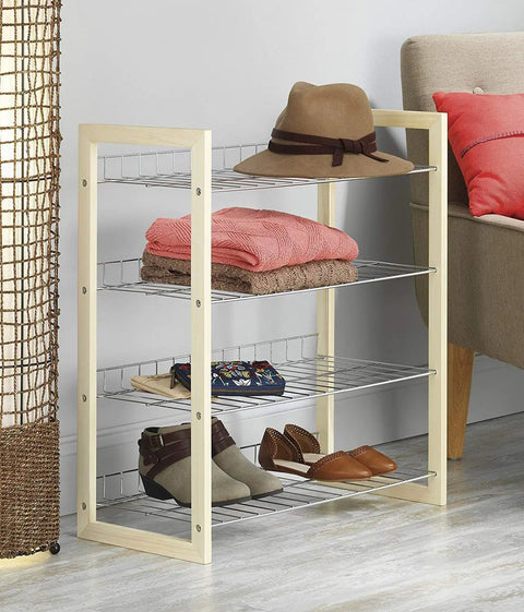 Wood And Chrome 4 Tier Closet Shelf With Stackable Shoe Racks Heavy Duty 100 Pound Capacity Great For Entryways And Closets Easy