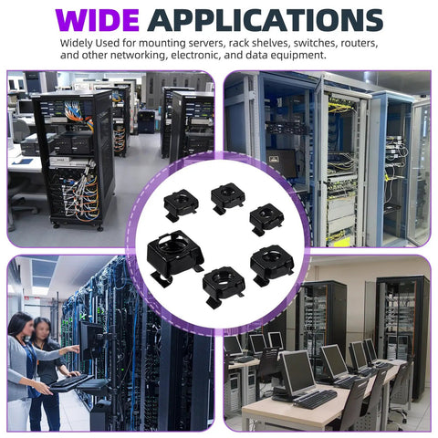 Heavy Duty Black Zinc Plated Carbon Steel Cage Nuts 48 Pc Assortment Snap In Rack Rail Retainer Hardware For Server Cabinets And Telecom Racks M4 Through M12 Solid Grip Clips in diverse server environments.