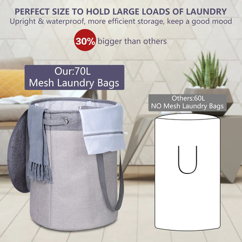 70L Round Collapsible Laundry Hamper With Lid And Easy Carry Handles Freestanding Laundry Basket With Waterproof Lining