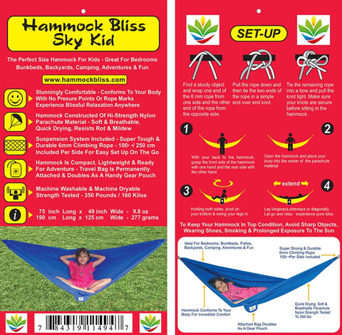 Instructions and features for Kid Friendly Camping Hammock For Indoors And Outdoors, Ultra Comfy Hangout Hammock For Kids, Easy Setup with 100-Inch Rope.