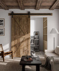 Beefy Sliding Barn Door Hardware Kit 20ft Rail Single Set Carbon Steel Track System installed on wood door in living room