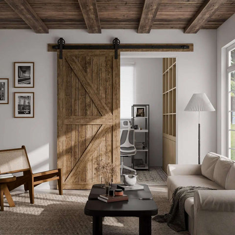 Beefy Sliding Barn Door Hardware Kit 20ft Rail Single Set Carbon Steel Track System installed on wood door in living room