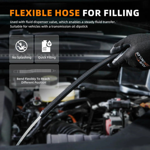 Close-up of 3L Manual Transmission Fluid Transfer Pump Kit With ATF Adapters For Automotive in use with flexible hose.