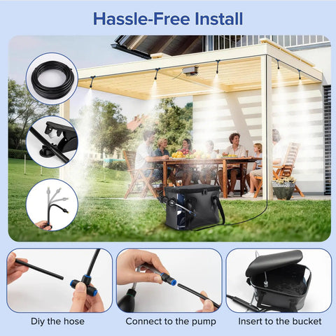 Portable Outdoor Misting System For Patio Cooling With Ultra Fine Mist Beating The Heat, 4500mAh Water Pump, easy setup guide