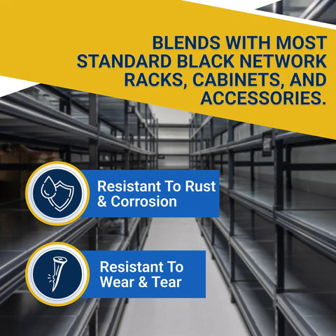 Black 10 32 Slide On Cage Nuts And Screws With Protective Plastic Washers 25 Pack Rack Mount Hardware Kit image showing corrosion and wear resistance.