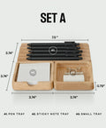 Set A of Modular Desk Organizer Tray Set In Solid Oak Wood With Felt Lining, featuring pen, sticky note, and small trays.