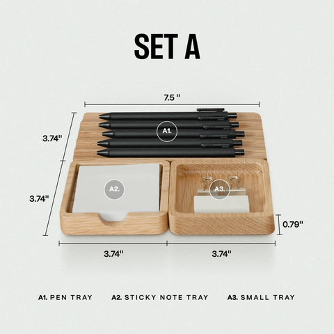 Set A of Modular Desk Organizer Tray Set In Solid Oak Wood With Felt Lining, featuring pen, sticky note, and small trays.