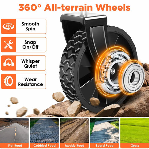 Close-up of upgraded wheel for Grab And Go Foldable Wagon Cart With Wheels For Outdoor Use, showing all-terrain capability.
