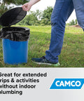 Person using biodegradable powder toilet waste bags with leak proof double bag design for no mess camping RVing hiking
