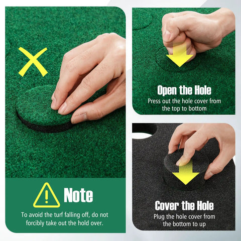 Instructions for using hole covers on Indoor Outdoor 11Ft Golf Putting Mat Set With 2 Adjustable Putters, 6 Balls And 12 Hole Covers.