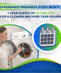 Woman placing Washing Machine Cleaner Tablets 24 Pack in a washer for maintenance and odor removal.