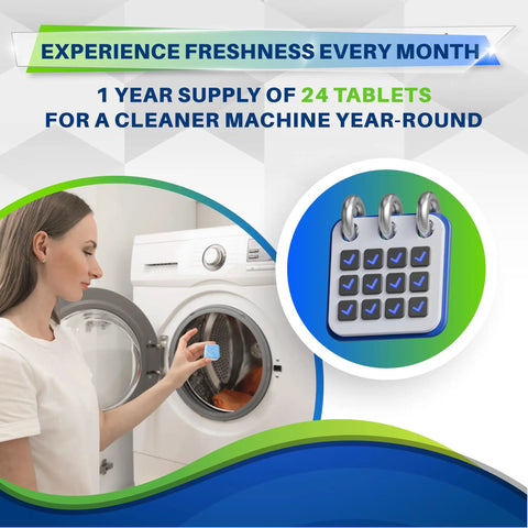Woman placing Washing Machine Cleaner Tablets 24 Pack in a washer for maintenance and odor removal.