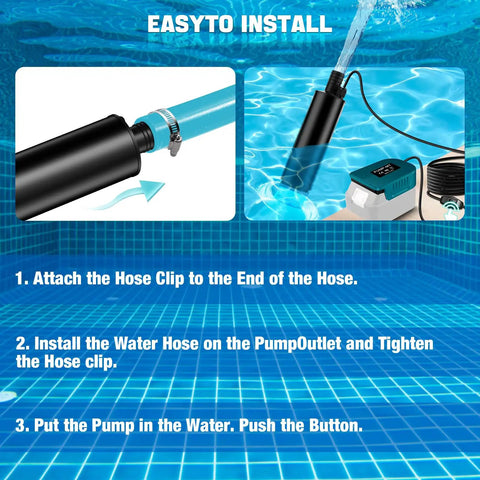 Plug And Go Submersible Water Pump Built For Makita 18V Batteries 635 GPH installation instructions with hose attachment.