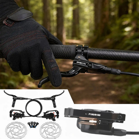 Complete Hydraulic Disc Brake Conversion Kit For Mountain Bikes With Two Ventilated Steel Rotors And Heavy Duty Metal Levers close-up of lever and handlebars.