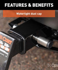 Stainless Steel Trailer Hitch Lock With Five-Eighth Inch Pin Diameter Fits Two-Inch Or Two And A Half-Inch Receivers Barbell-Style Locking Hitch Pin for Easy Reliable Security installed on a hitch receiver, showing watertight dust cap.
