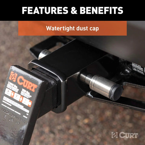 Stainless Steel Trailer Hitch Lock With Five-Eighth Inch Pin Diameter Fits Two-Inch Or Two And A Half-Inch Receivers Barbell-Style Locking Hitch Pin for Easy Reliable Security installed on a hitch receiver, showing watertight dust cap.