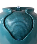 Close-up of Teal Glazed Pot Water Fountain with LED Light and Pump for Outdoor and Indoor Use, Chill Patio Garden Backyard Deck Decor, 17 Inch Height, Weatherproof Polyresin, Soothing Water Flow, showing the top water flow area.