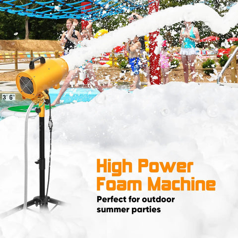Whip Up An Insane Amount Of Froth With This Beast 1000W Outdoor Foam Party Machine spraying thick bubbles at a lively pool party.