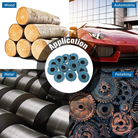 48 Piece 2 Inch Flap Disc Set With One Quarter Inch Shank Holder Grits 40 60 80 120 For Die Grinder Surface Grinding Rust Removal Finishing Deburring Stock Prep And Metal Work applications in wood, automobile, metal, and polishing example.