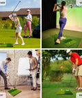 Portable Foldable Grab-and-Go Dual Turf Golf Practice Mat for Indoor Outdoor Swing and Chipping Realistic Fairway and Rough Turf Hitting Surface for Backyard Training and Home Practice used by golfers in various settings.