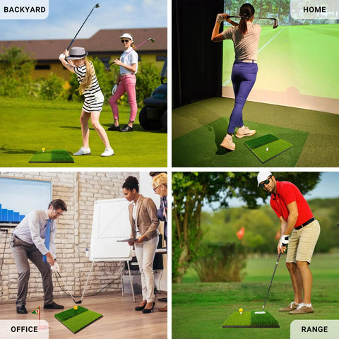 Portable Foldable Grab-and-Go Dual Turf Golf Practice Mat for Indoor Outdoor Swing and Chipping Realistic Fairway and Rough Turf Hitting Surface for Backyard Training and Home Practice used by golfers in various settings.