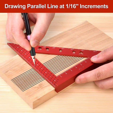 Using 6 Inch Mini Carpenter Square with 0.7mm Pencil for accurate marking on wood, fixed 90 degree angle, center finding tool.