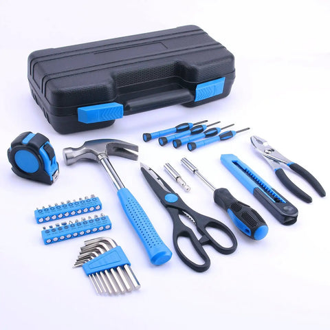 40 Piece All Purpose Tool Kit For Home Garage Office And Dorm Use Durable DIY Ready Handyman Set displayed with tools and case