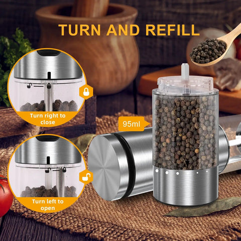 Electric Salt And Pepper Grinder Set USB Rechargeable With External Coarseness Control showing stainless steel design and 95ml capacity
