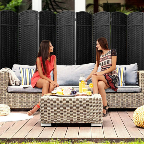 8 Panel Black Room Divider With Double Hinged Panels, 6 Ft Tall Folding Privacy Screen For Home Or Office Privacy in outdoor setting