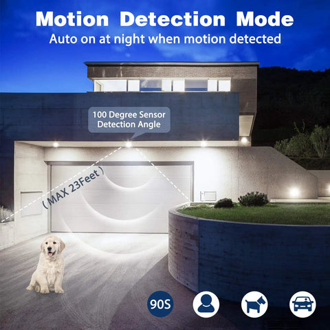 Outdoor Motion Sensor Flood Lights Dusk To Dawn Auto On Off 5000K Daylight LED Bulbs illuminating a driveway with 100° detection