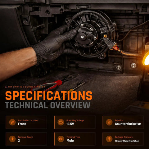 Heavy Duty Front Blower Motor installation with 13.5V rating, male terminal, and counterclockwise rotation for Subaru Impreza Crosstrek Forester.