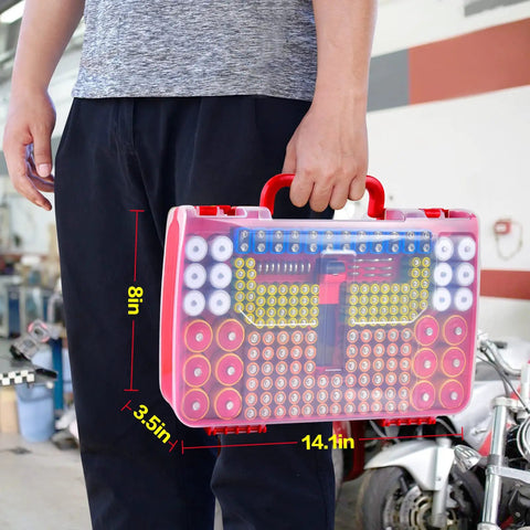 Massive 269 Battery Organizer Case With Built In Tester Dual Sided Storage For AA AAA 9V C D 18650 And Button Cells Keeps Batteries Sorted Easy Access And Ready For Any Household Project pink case, 14.1in x 8in