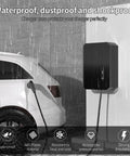 Dang Tough Wall Mount Cover For Electric Vehicle Chargers Built From Rigid Cold Rolled Steel With Rock Solid Locking System Completely Waterproof For Any Rough Outdoor Conditions In Glossy Black installed on wall protecting charger from rain.
