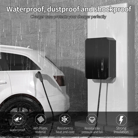 Dang Tough Wall Mount Cover For Electric Vehicle Chargers Built From Rigid Cold Rolled Steel With Rock Solid Locking System Completely Waterproof For Any Rough Outdoor Conditions In Glossy Black installed on wall protecting charger from rain.