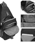 RFID Blocking Sling Bag Crossbody Backpack For Hiking And Travel, showing hidden RFID pocket and 3 main compartments