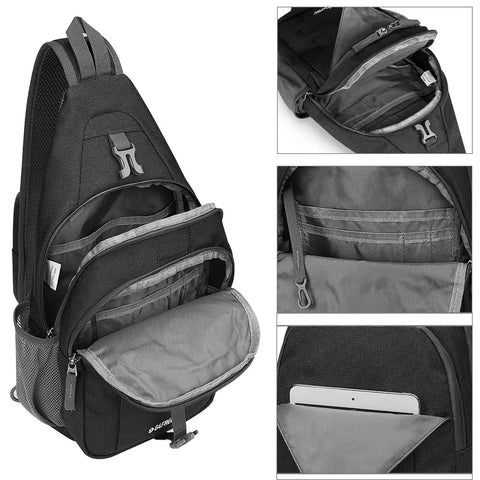 RFID Blocking Sling Bag Crossbody Backpack For Hiking And Travel, showing hidden RFID pocket and 3 main compartments