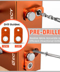 Close-up of an anodized aluminum drill guide with pre-drilled holes and attached clamps for efficient directional drilling.