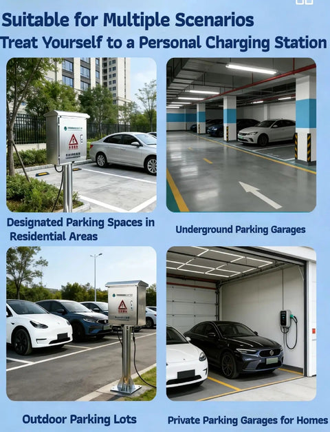 Heavy Duty Stainless Steel EV Charger Cover And Outdoor Wall Enclosure in outdoor parking lot with vehicles.