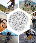 Six Seven Eight Speed Bike Chain Kit With 116 Links in center, surrounded by riders on various bikes in different terrains.