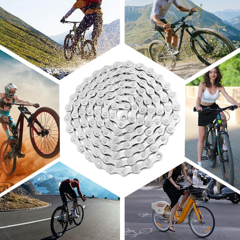 Six Seven Eight Speed Bike Chain Kit With 116 Links in center, surrounded by riders on various bikes in different terrains.