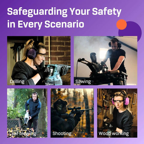 Heavy Duty Hearing Protection Earmuffs With Over 35 dB Noise Reduction At 2K Hz worn by people in different work scenarios