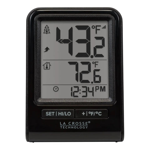 Battery Operated Wireless Digital Thermometer For Indoor Outdoor Temperature With 24 Hour High Low Records No Backlight Monochrome Display Hassle Free Setup 12 24 Hour Time Mode Signal Strength And Low Battery Alerts Built For Everyday Home Use, black plastic display