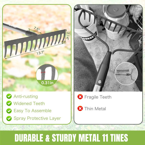 Adjustable Bow Rake With 14 Tines, 13.7 Inch Wide Metal Head, Telescoping 30.5 To 57 Inch Reach, comparison of build quality