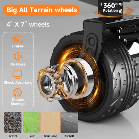 Close-up of all-terrain wheels for 40 Inch Collapsible Wagon Cart With 500 Pound Capacity Heavy Duty Folding Beach Wagon.