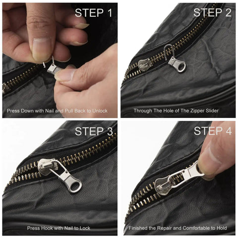 Installation steps of Tiny Zipper Pulls Set For Clothes And Bags, Detachable Replacement Tabs For Small Hole Zippers in gunblack.