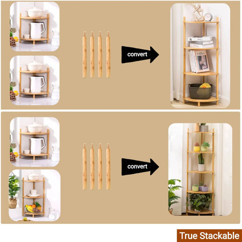 Expandable Bamboo Corner Shelf Stand 2 To 5 Tier Bookshelf For Living Room, Home Office, And Garage, showing stackable shelves