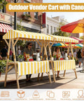 Foldable Wooden Market Stall Booth With Canopy, Outdoor Vendor Cart, Mobile Street Food Stand, featuring yellow and white striped design.